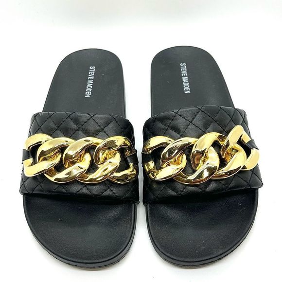 Steve Madden | Shoes | Steve Madden Zoray Golden Chain Slide Sandal Womens  8m Black Quilted | Poshmark